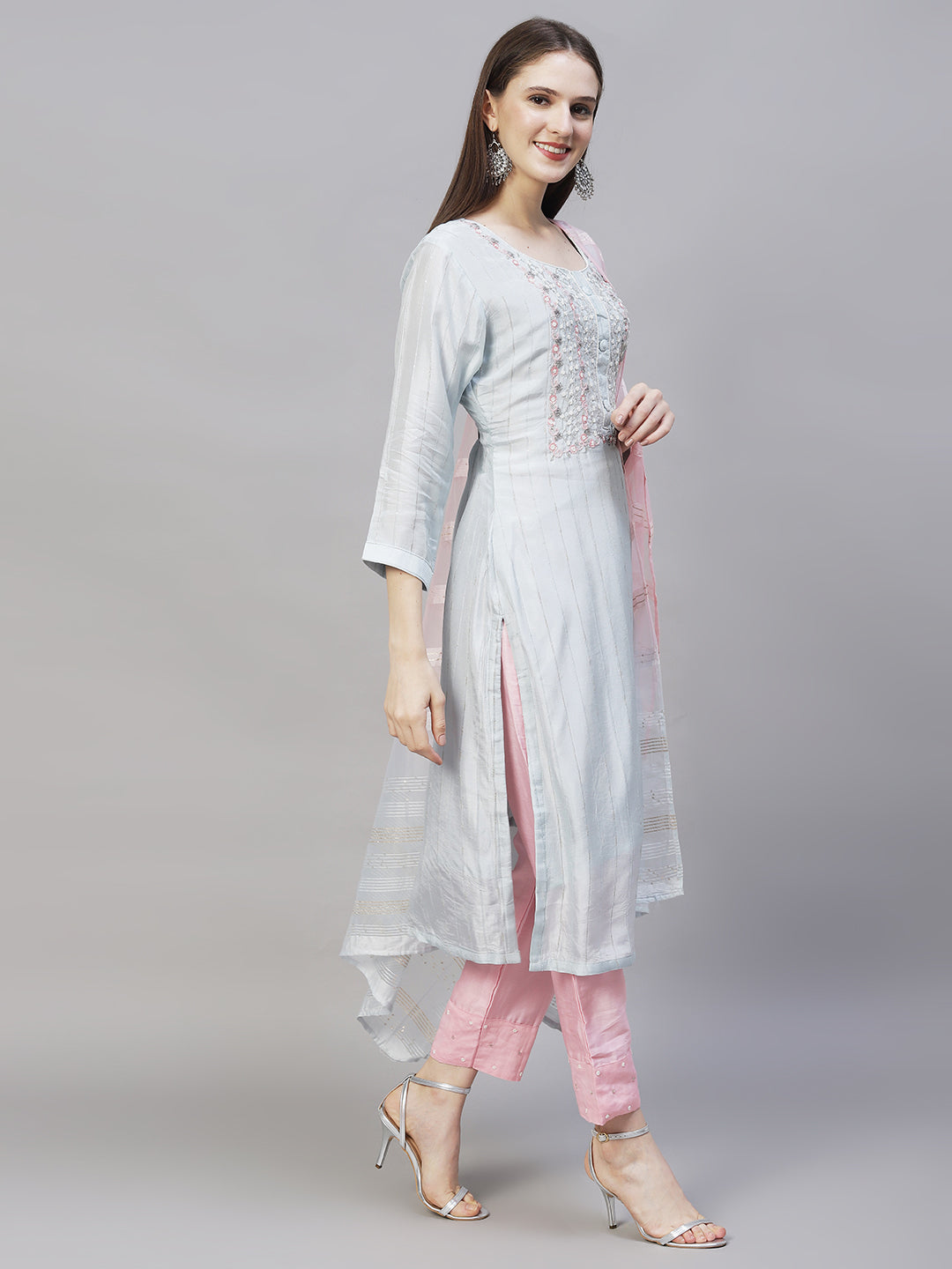 Ethnic Hand Embroidered Kurta with Pants & Dupatta - Powder Blue