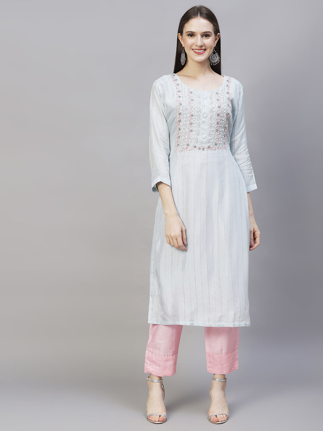 Ethnic Hand Embroidered Kurta with Pants & Dupatta - Powder Blue