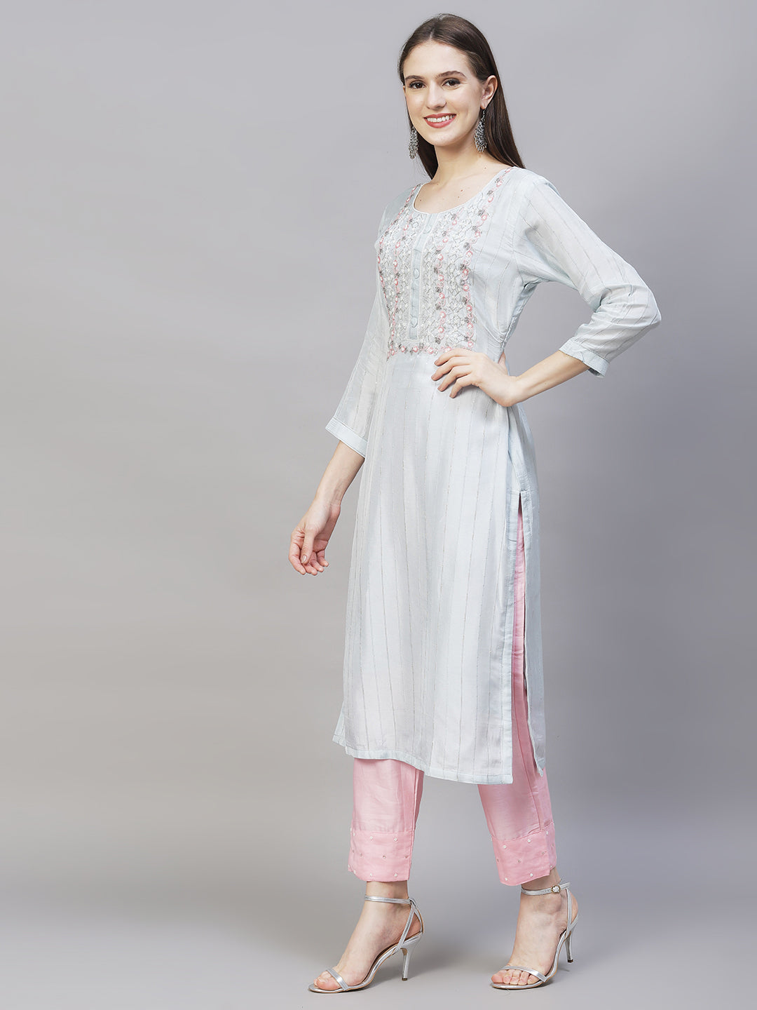 Ethnic Hand Embroidered Kurta with Pants & Dupatta - Powder Blue