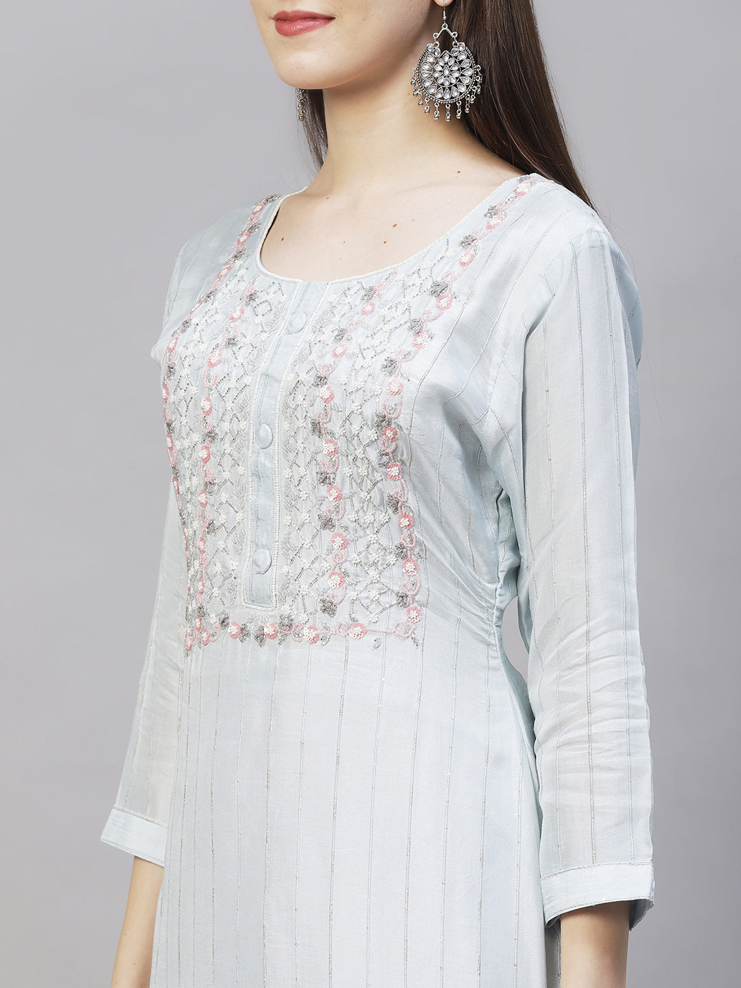 Ethnic Hand Embroidered Kurta with Pants & Dupatta - Powder Blue