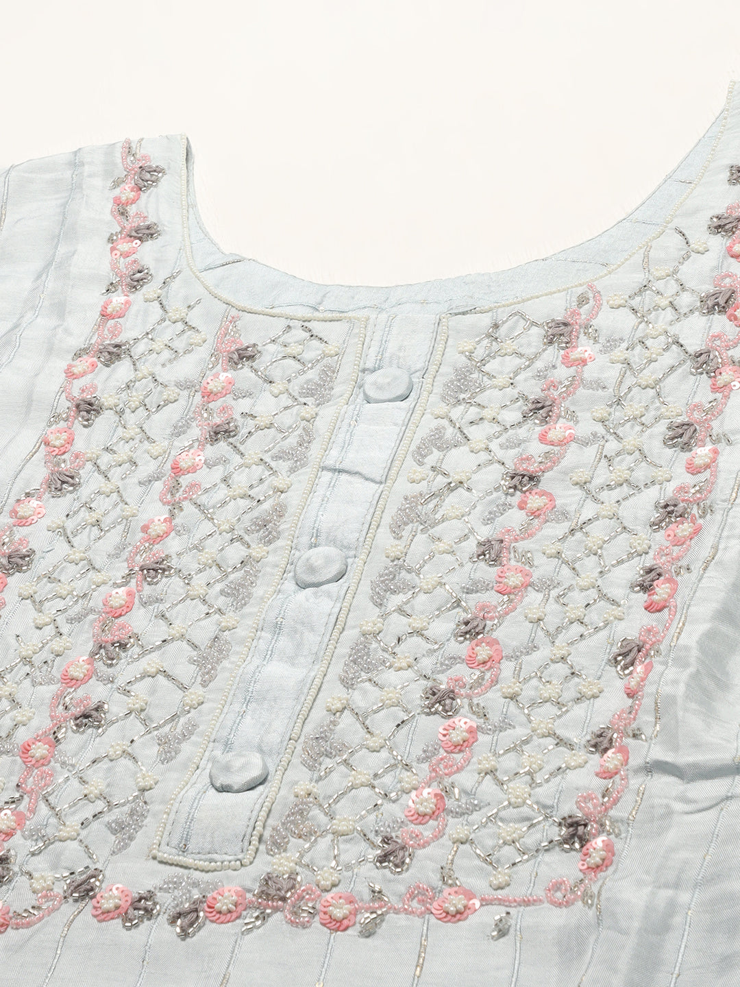 Ethnic Hand Embroidered Kurta with Pants & Dupatta - Powder Blue