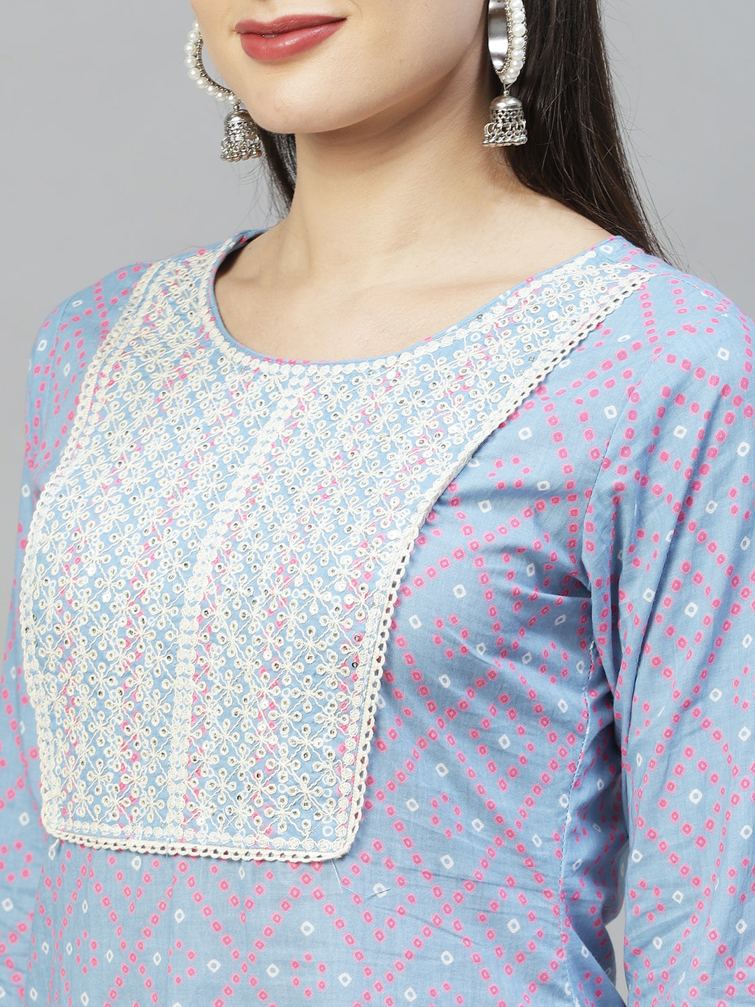Bandhani Printed & Embroidered Straight Kurta with Pants - Light Blue