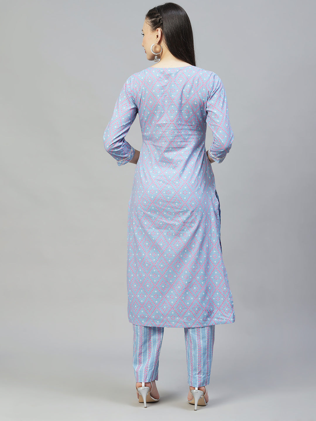 Bandhani Printed & Embroidered Straight Kurta with Pants - Light Blue