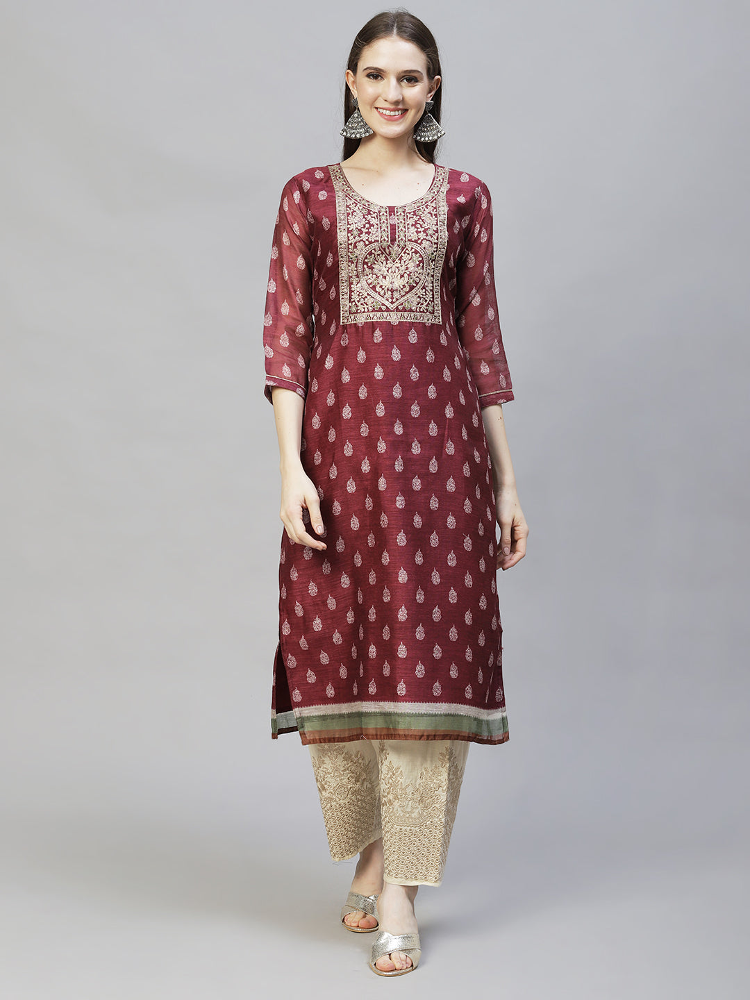 Ethnic Printed & Embroidered Straight Kurta with Dupatta - Burgundy