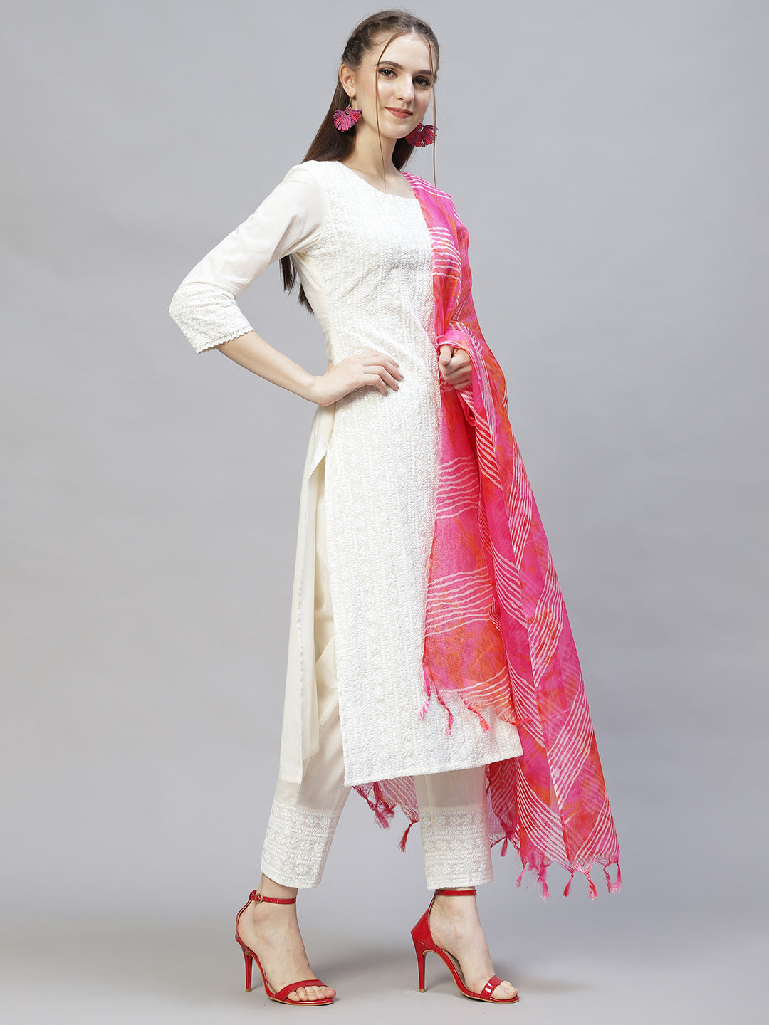 Ethnic Chikankari Embroidered Straight Kurta with Pants & Dupatta - Off White
