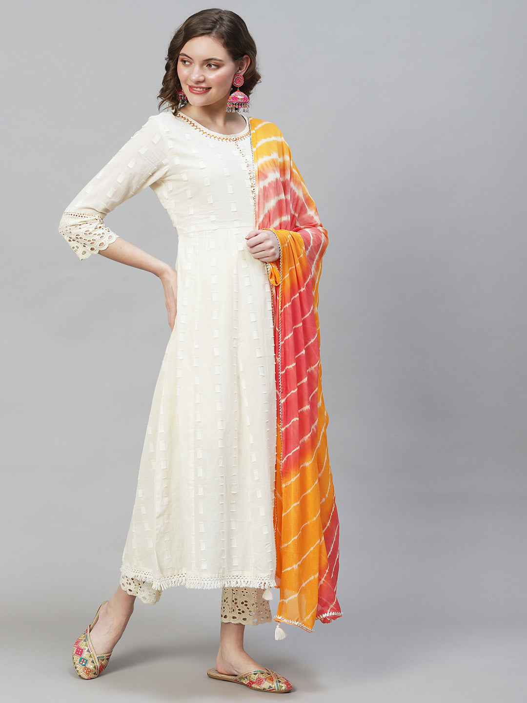 Ethnic Woven Anarkali Kurta with Pants & Dupatta - Off White