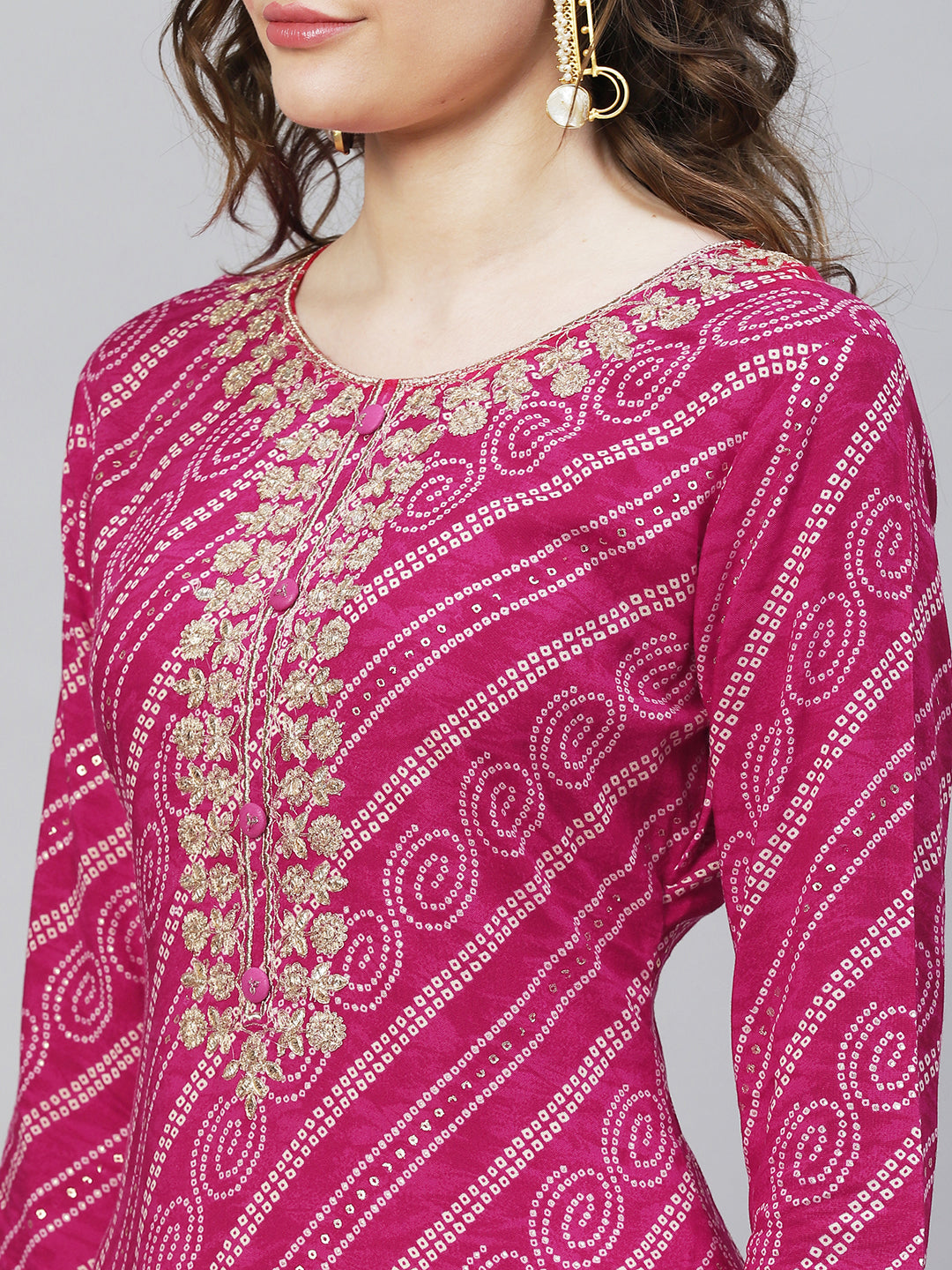 Bandhani Printed & Embroidered Straight Fit Kurta - Magenta