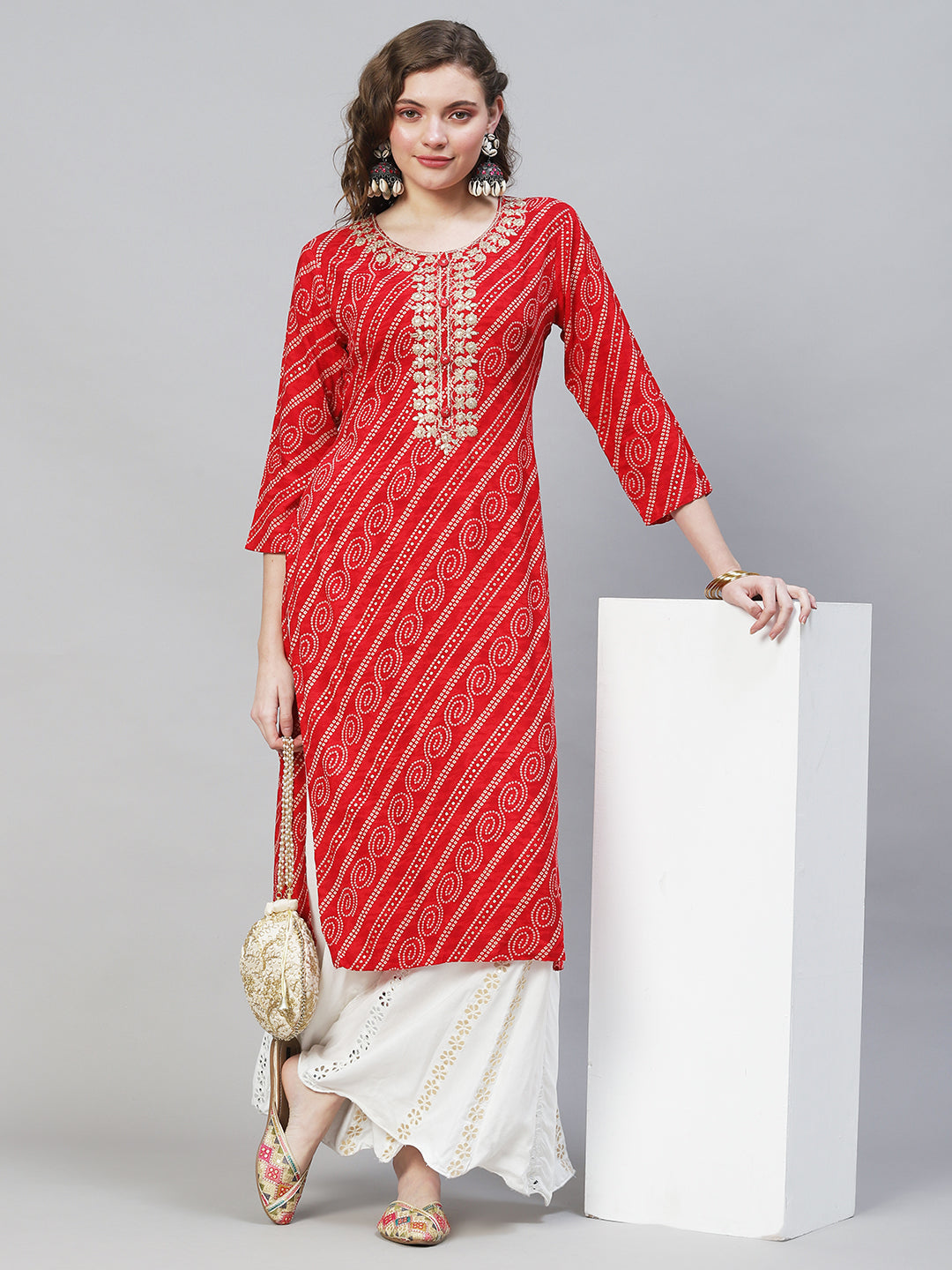 Bandhani Printed & Embroidered Straight Fit Kurta - Red
