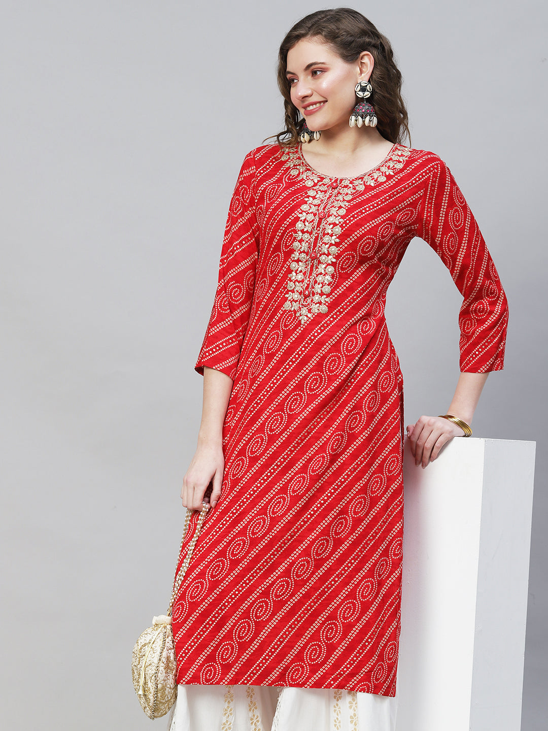 Bandhani Printed & Embroidered Straight Fit Kurta - Red