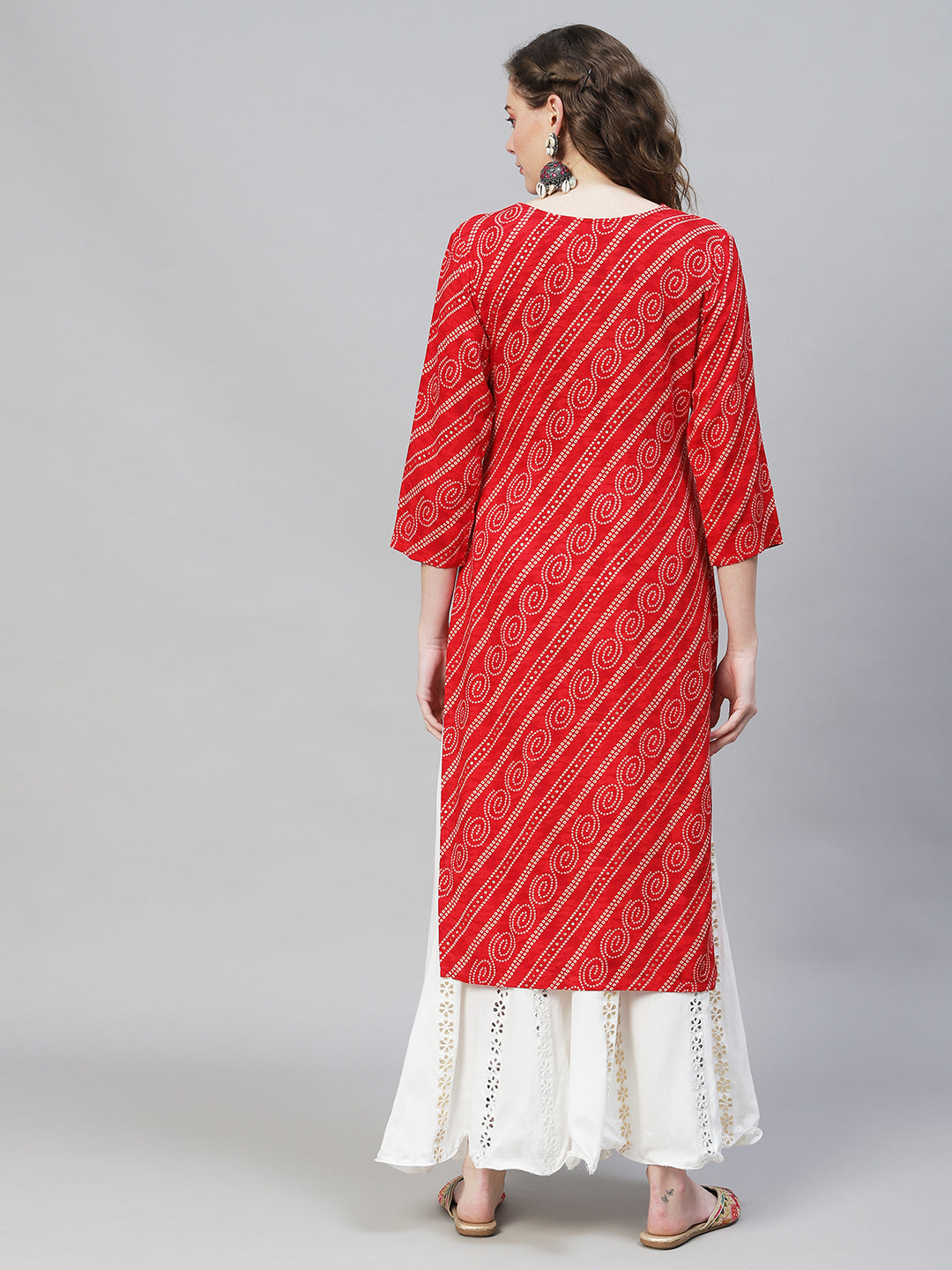 Bandhani Printed & Embroidered Straight Fit Kurta - Red