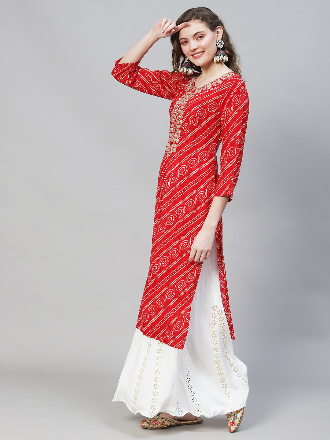Bandhani Printed & Embroidered Straight Fit Kurta - Red