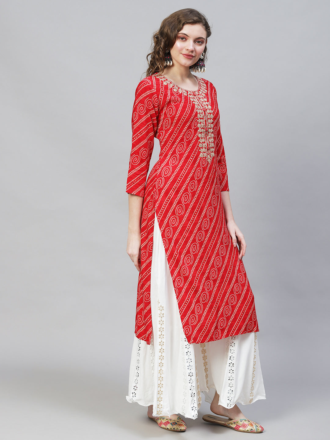 Bandhani Printed & Embroidered Straight Fit Kurta - Red