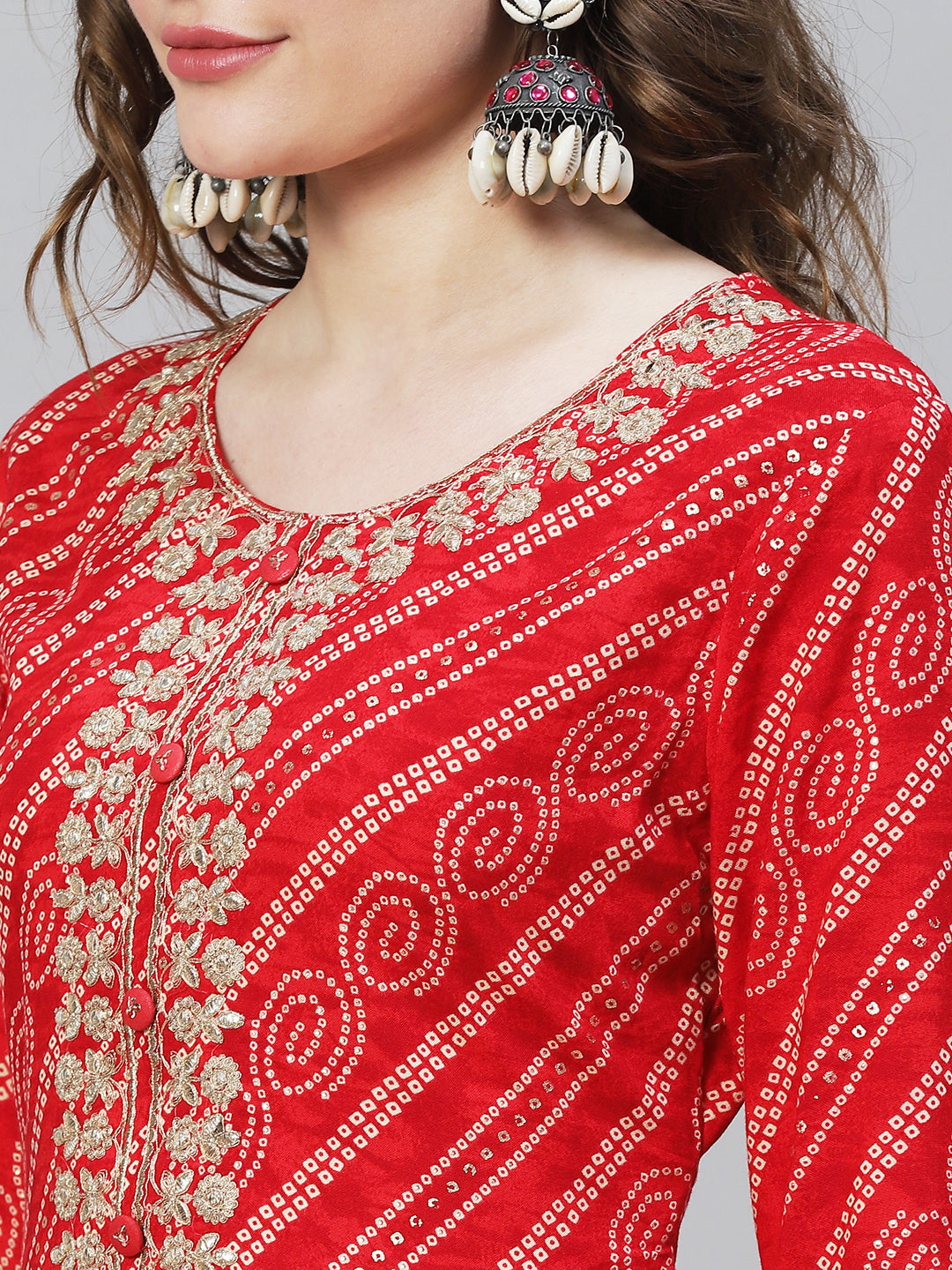 Bandhani Printed & Embroidered Straight Fit Kurta - Red