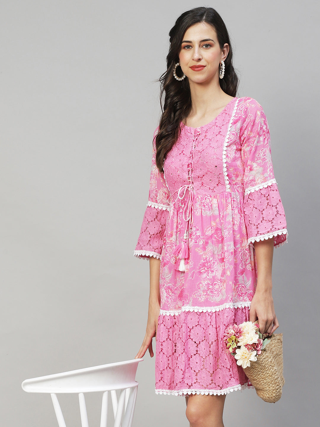 Floral Printed & Embroidered A-Line Midi Dress - Pink