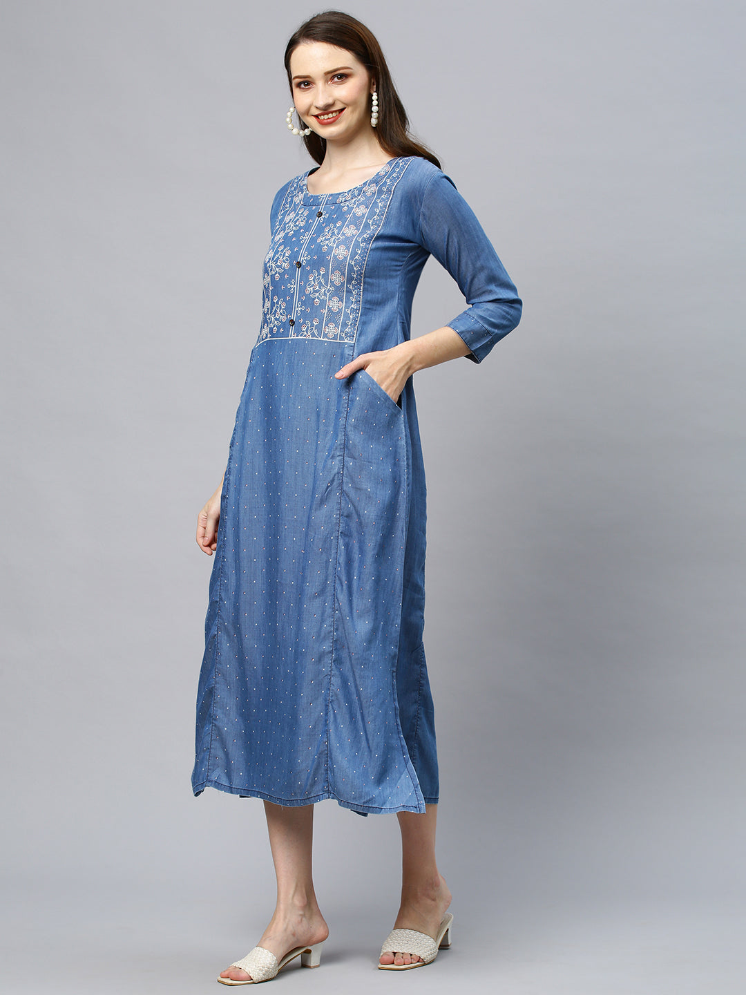 Floral Printed A-Line Midi Dress - Blue