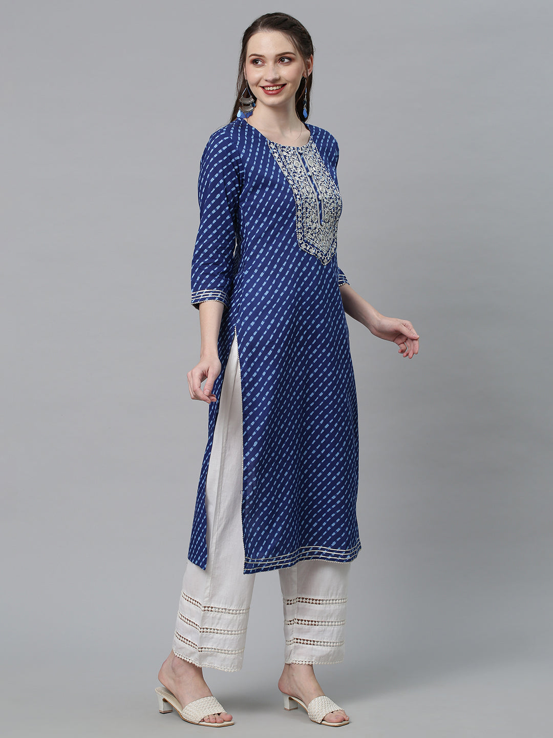 Leheriya Printed & Sequin Embroidered Straight Fit Kurta - Dark Blue