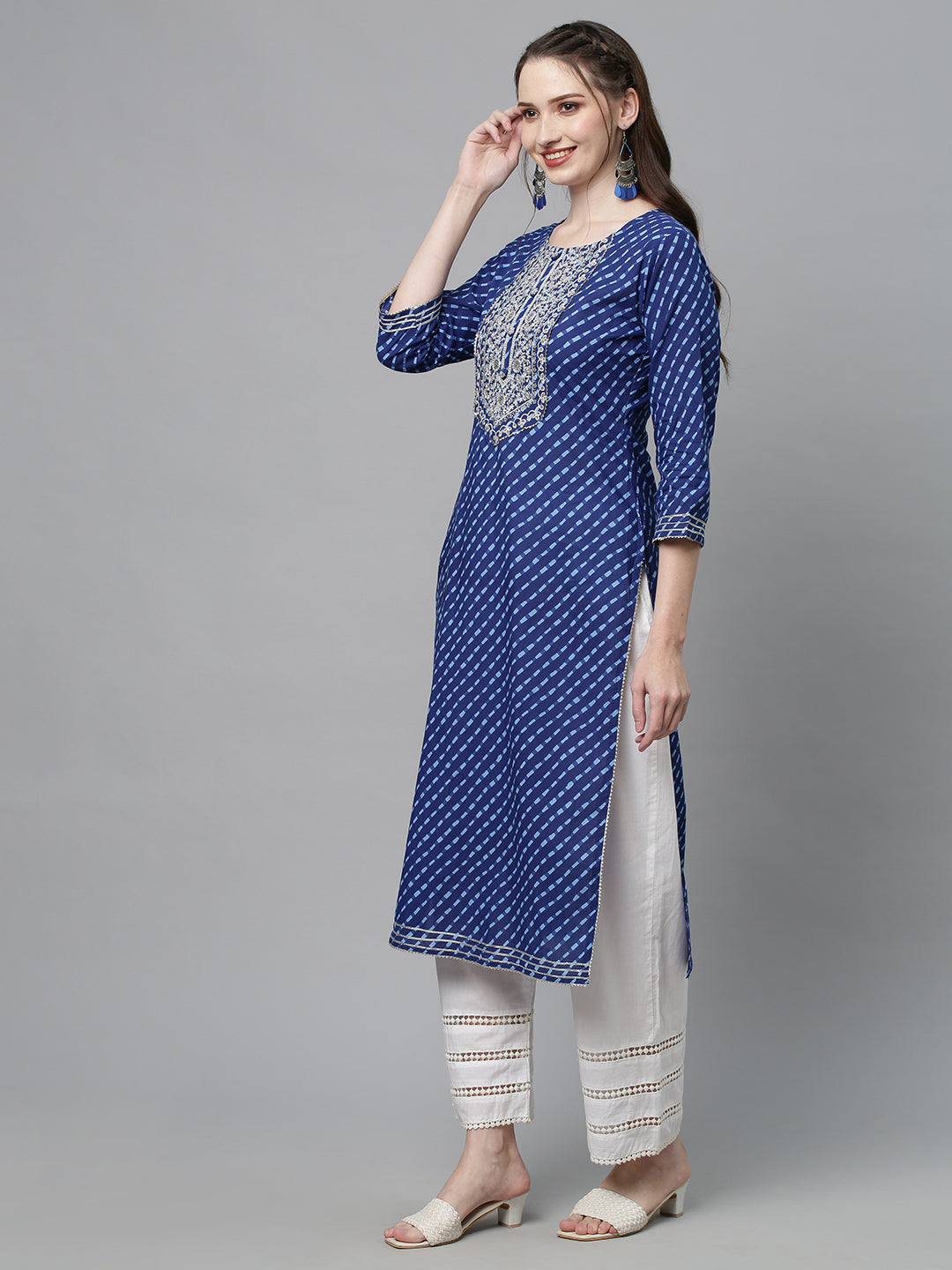Leheriya Printed & Sequin Embroidered Straight Fit Kurta - Dark Blue