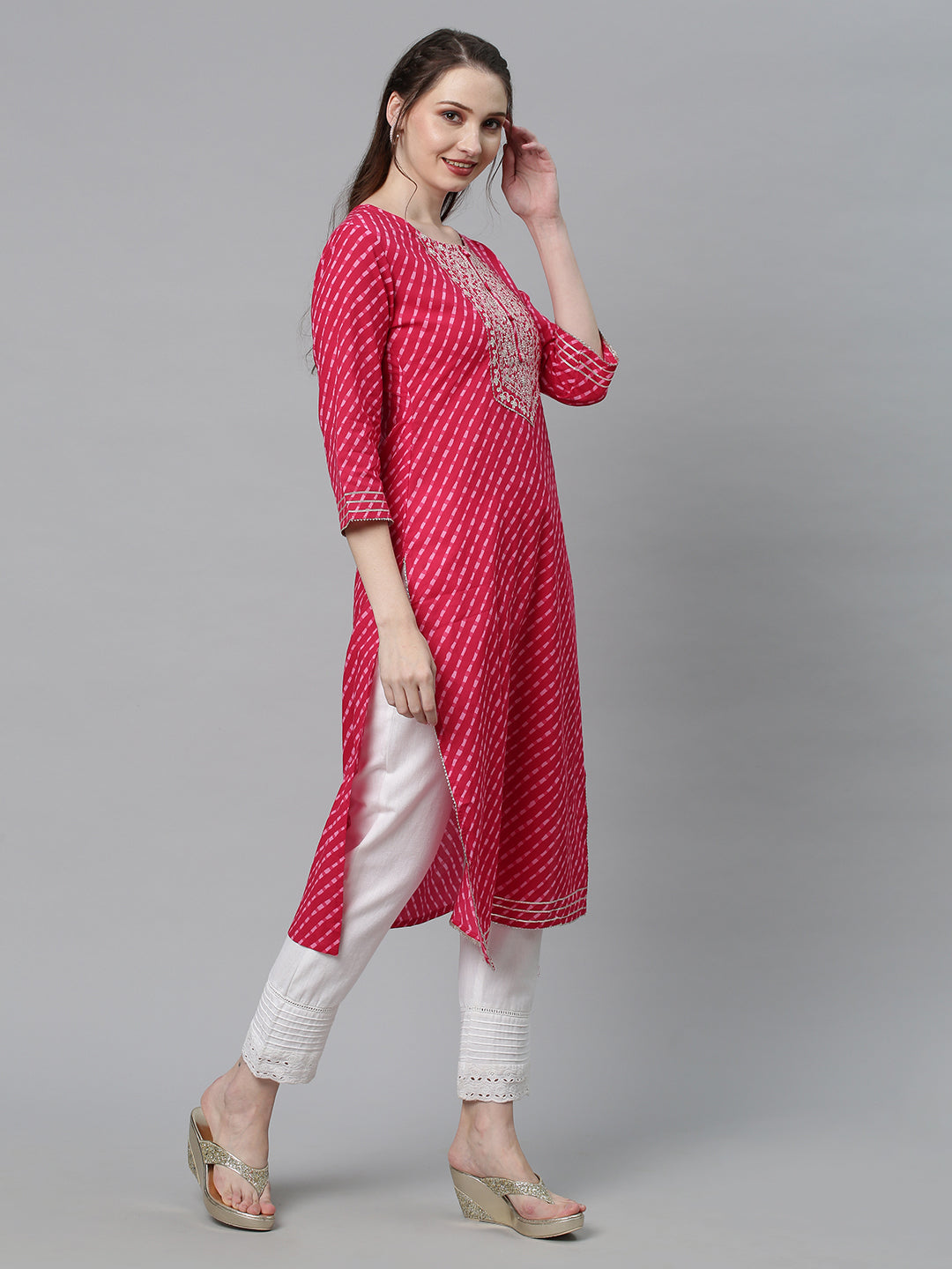 Leheriya Printed & Sequin Embroidered Straight Fit Kurta - Hot Pink