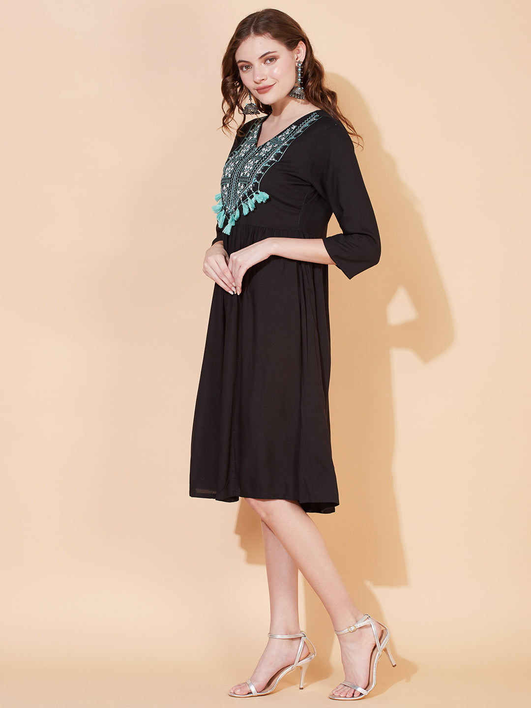 Ethnic Embroidered Flared Midi Dress - Black
