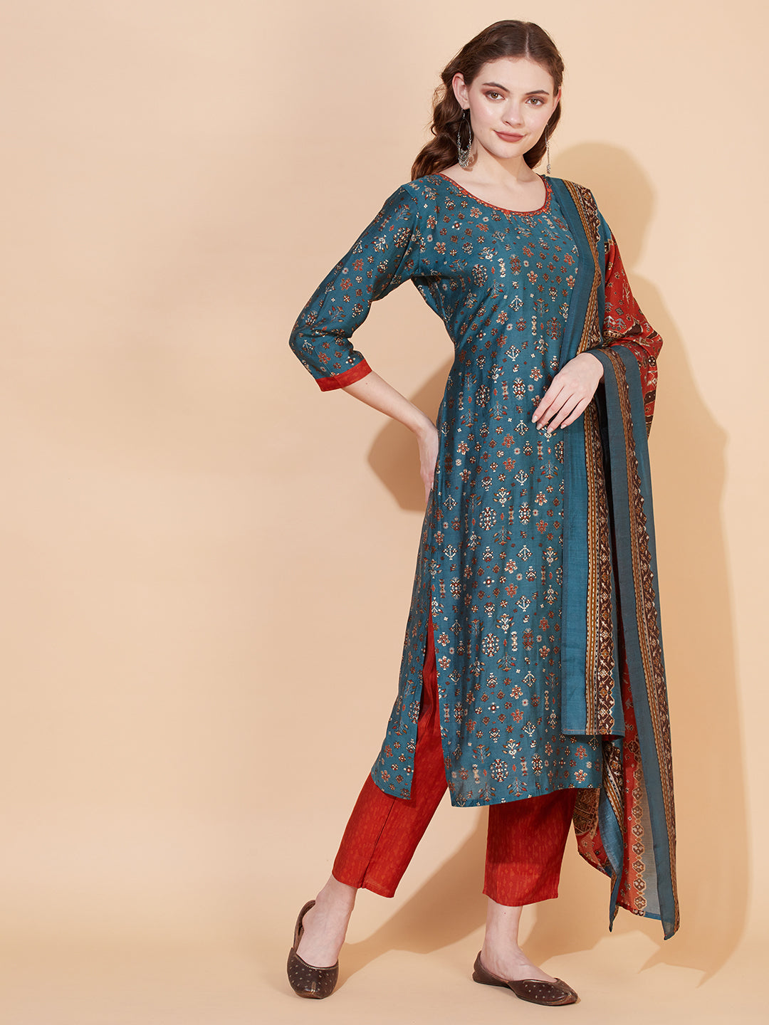 Ethnic Printed & Embroidered Kurta with Pants & Dupatta - Blue