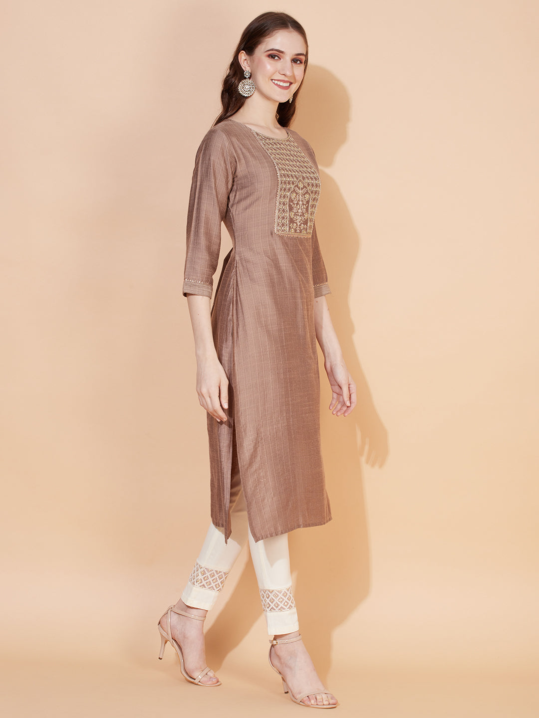 Ethnic Stripes Printed & Embroidered Straight Fit Kurta - Brown
