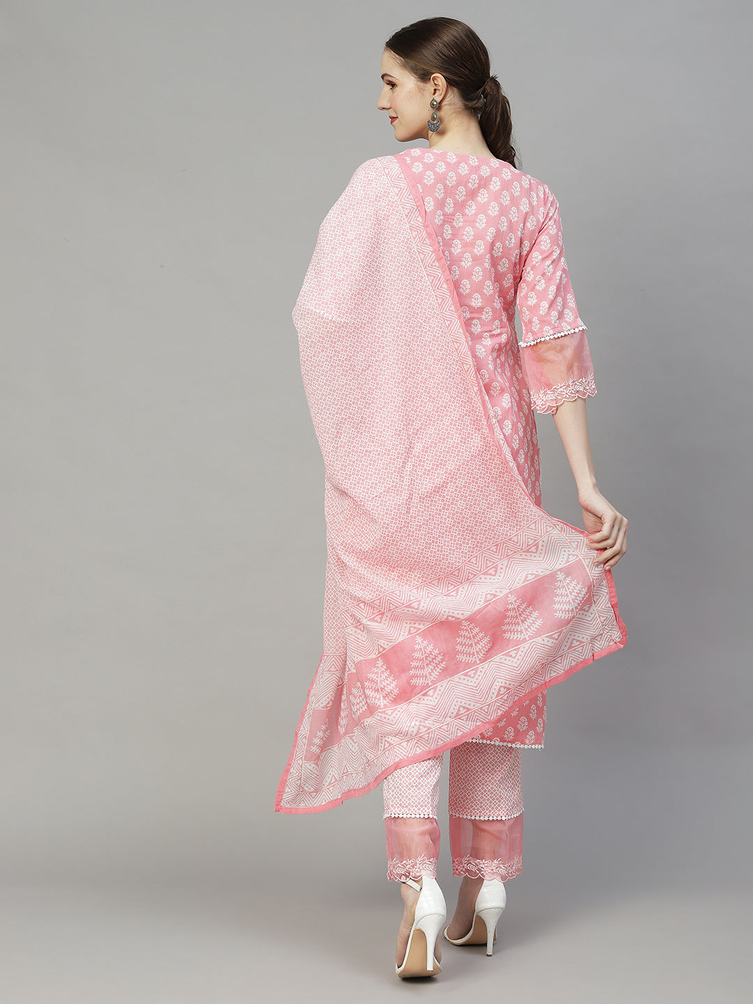 Floral Printed & Embroidered Straight Kurta with Pants & Dupatta - Pink