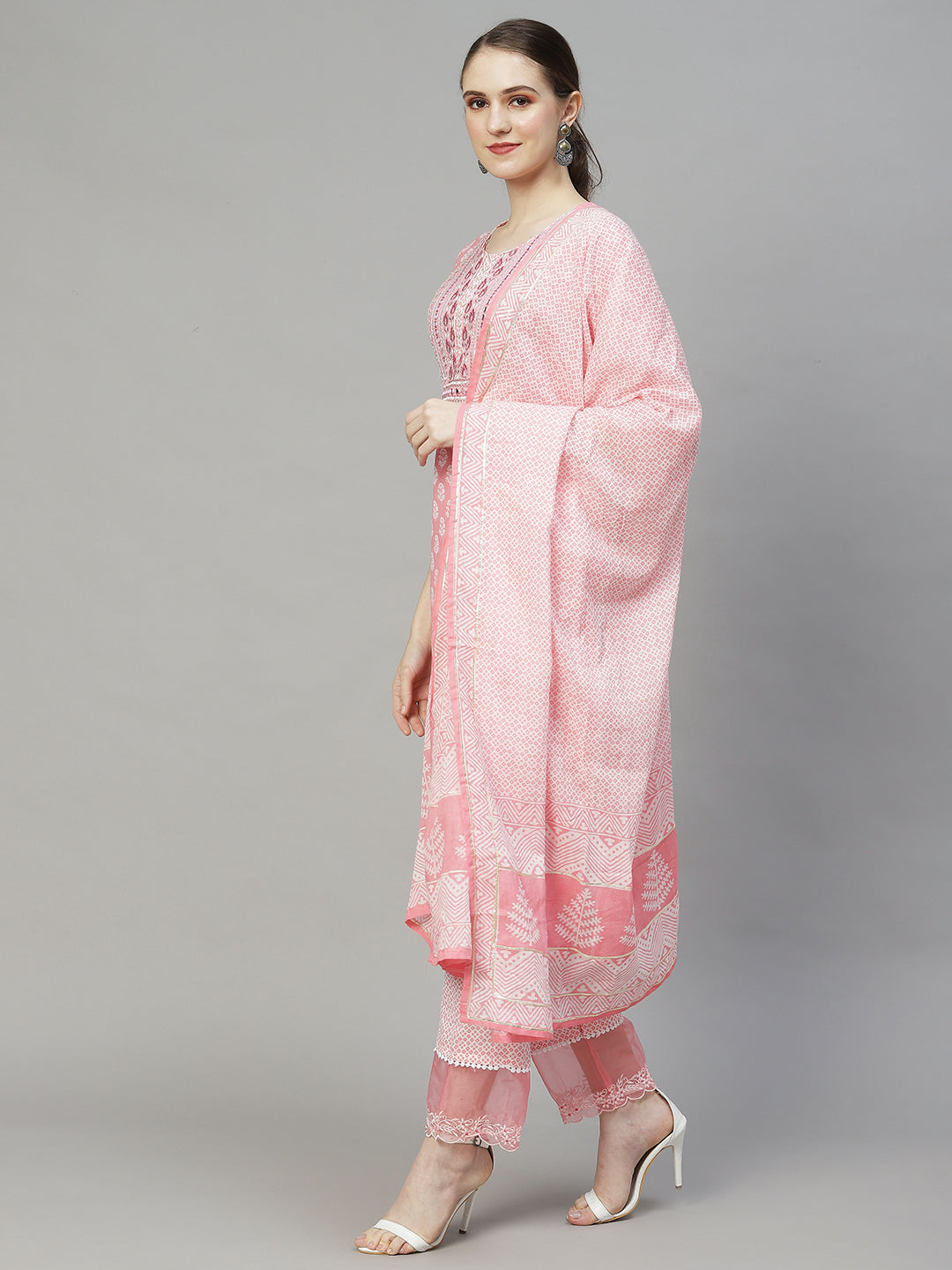 Floral Printed & Embroidered Straight Kurta with Pants & Dupatta - Pink