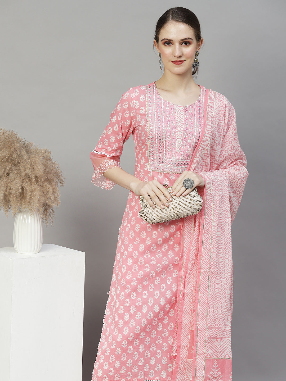 Floral Printed & Embroidered Straight Kurta with Pants & Dupatta - Pink