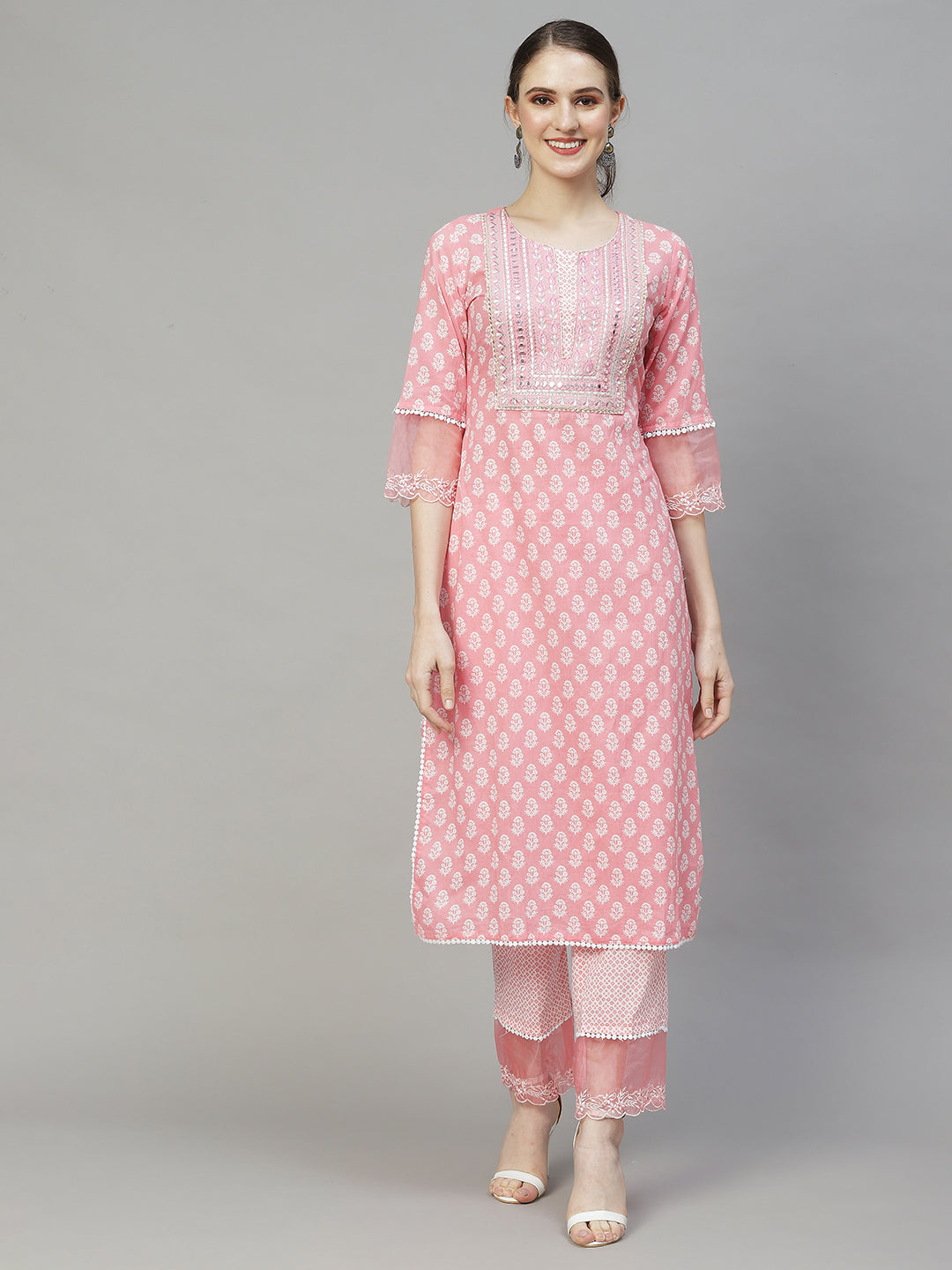 Floral Printed & Embroidered Straight Kurta with Pants & Dupatta - Pink