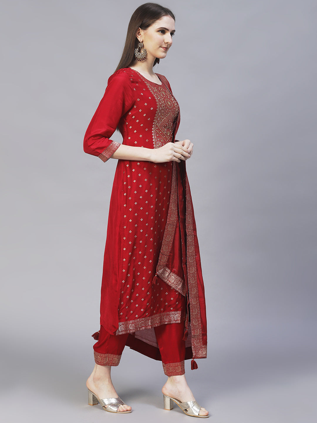 Ethnic Woven & Hand Embroidered Kurta with Pants & Dupatta - Maroon
