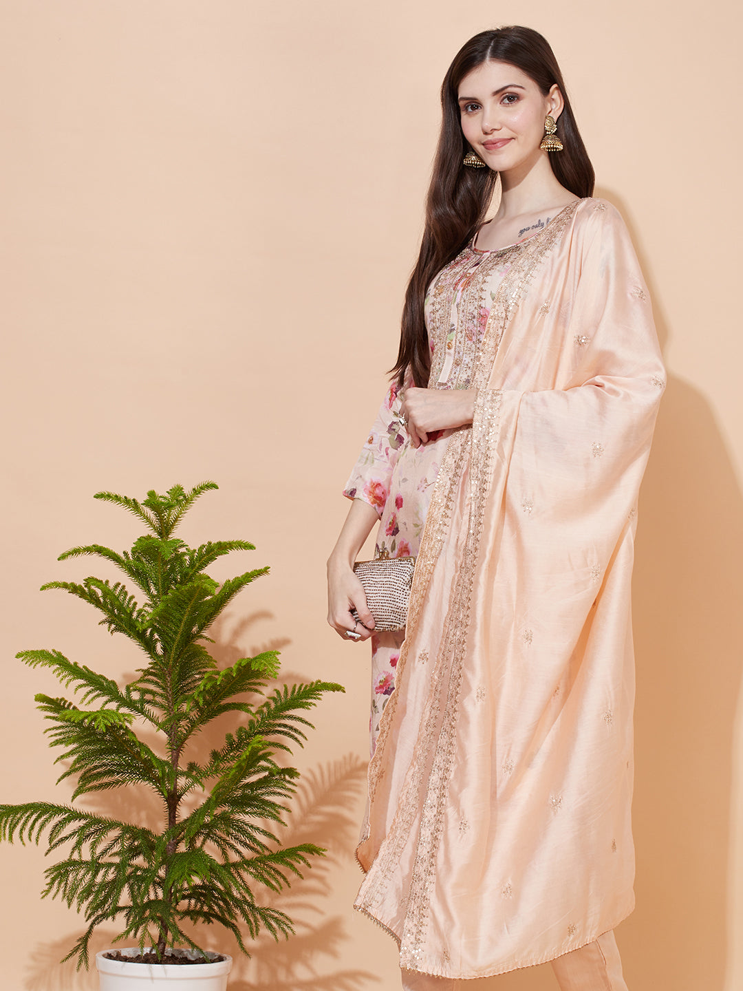 Floral Printed & Embroidered Kurta with Pants & Dupatta - Peach