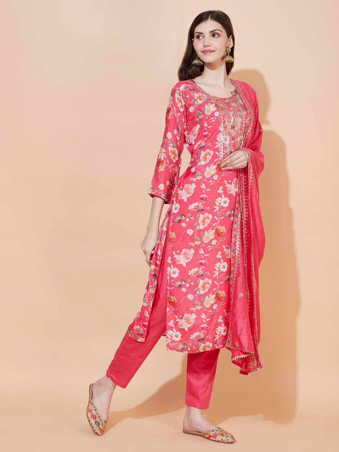 Floral Printed & Embroidered Kurta with Pants & Dupatta - Pink
