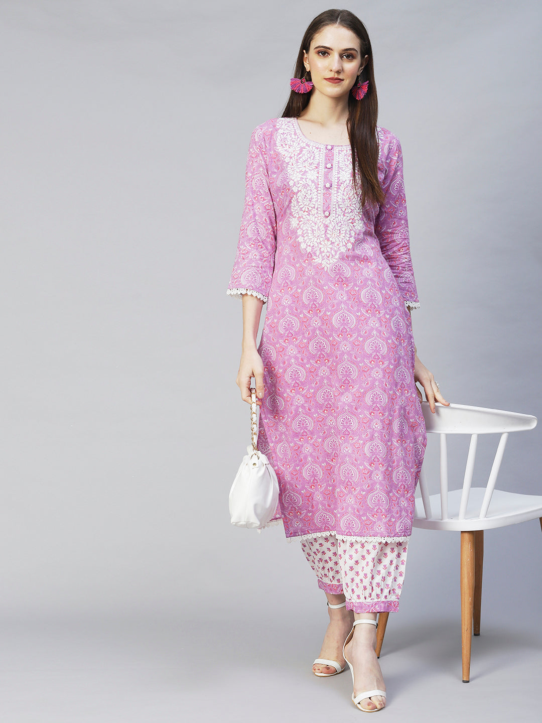 Floral Printed & Chikankari Embroidered Straight Kurta with Pants - Purple