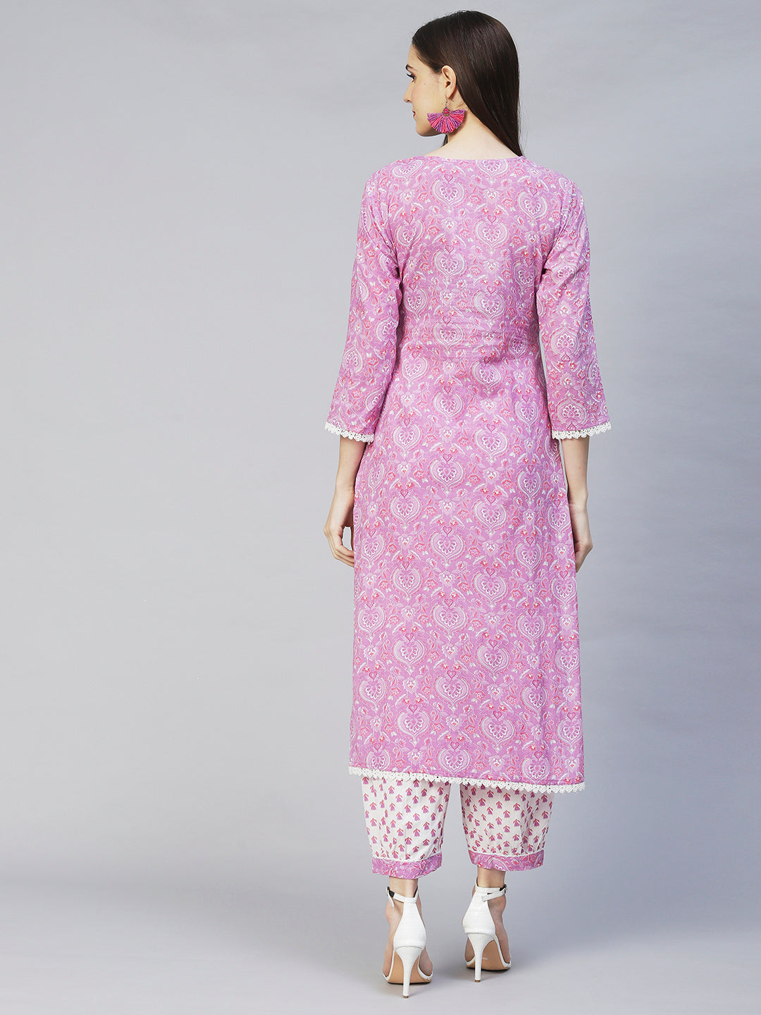 Floral Printed & Chikankari Embroidered Straight Kurta with Pants - Purple
