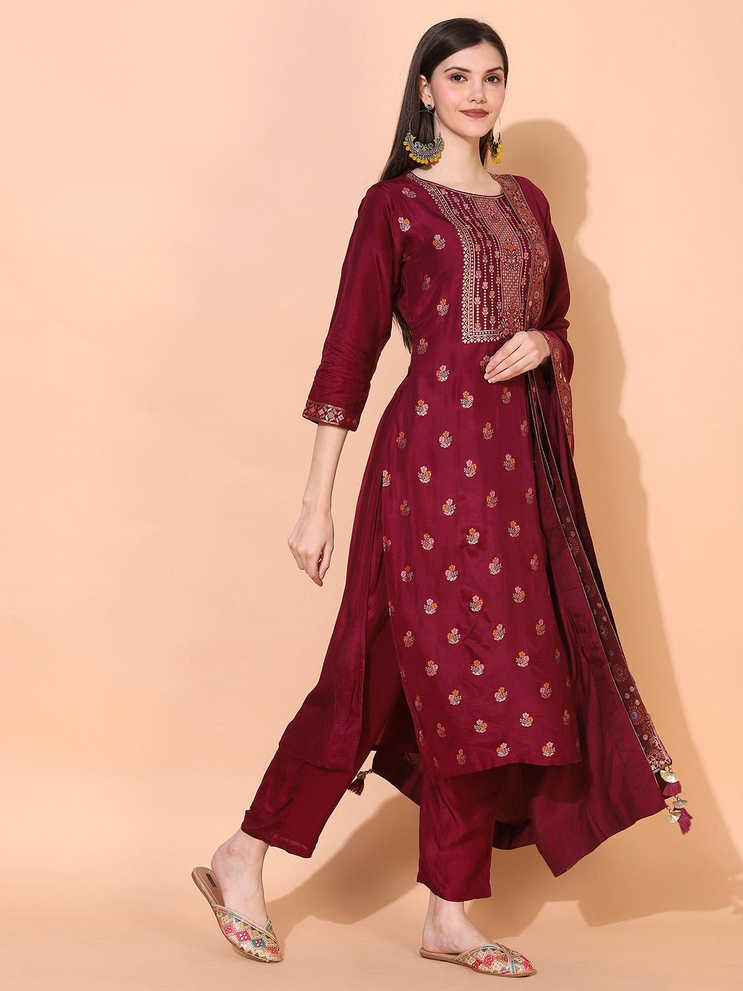 Ethnic Woven Straight Kurta with Pants & Dupatta - Wine