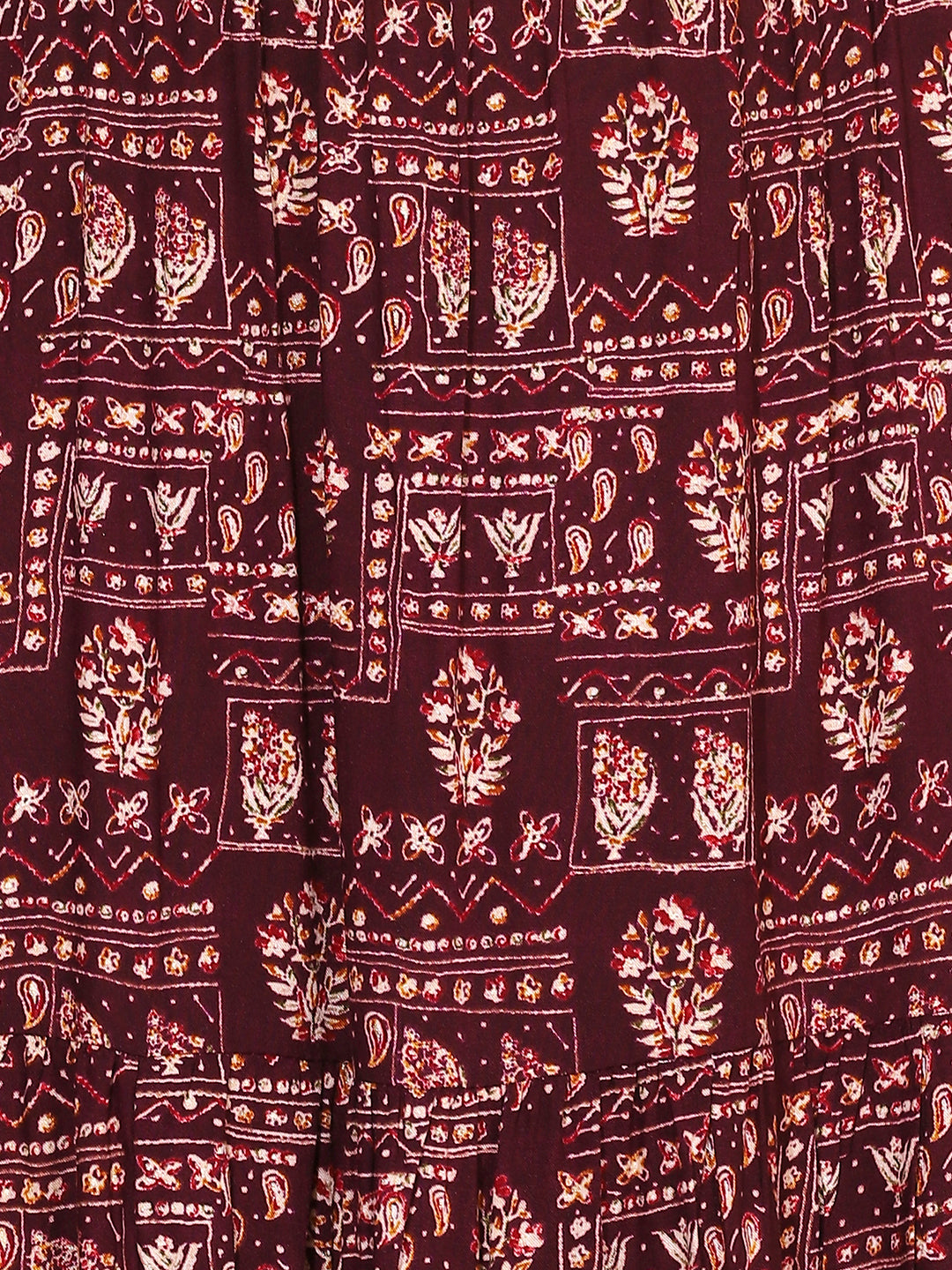 Ethnic Printed & Embroidered Tiered Flared Maxi Dress - Wine