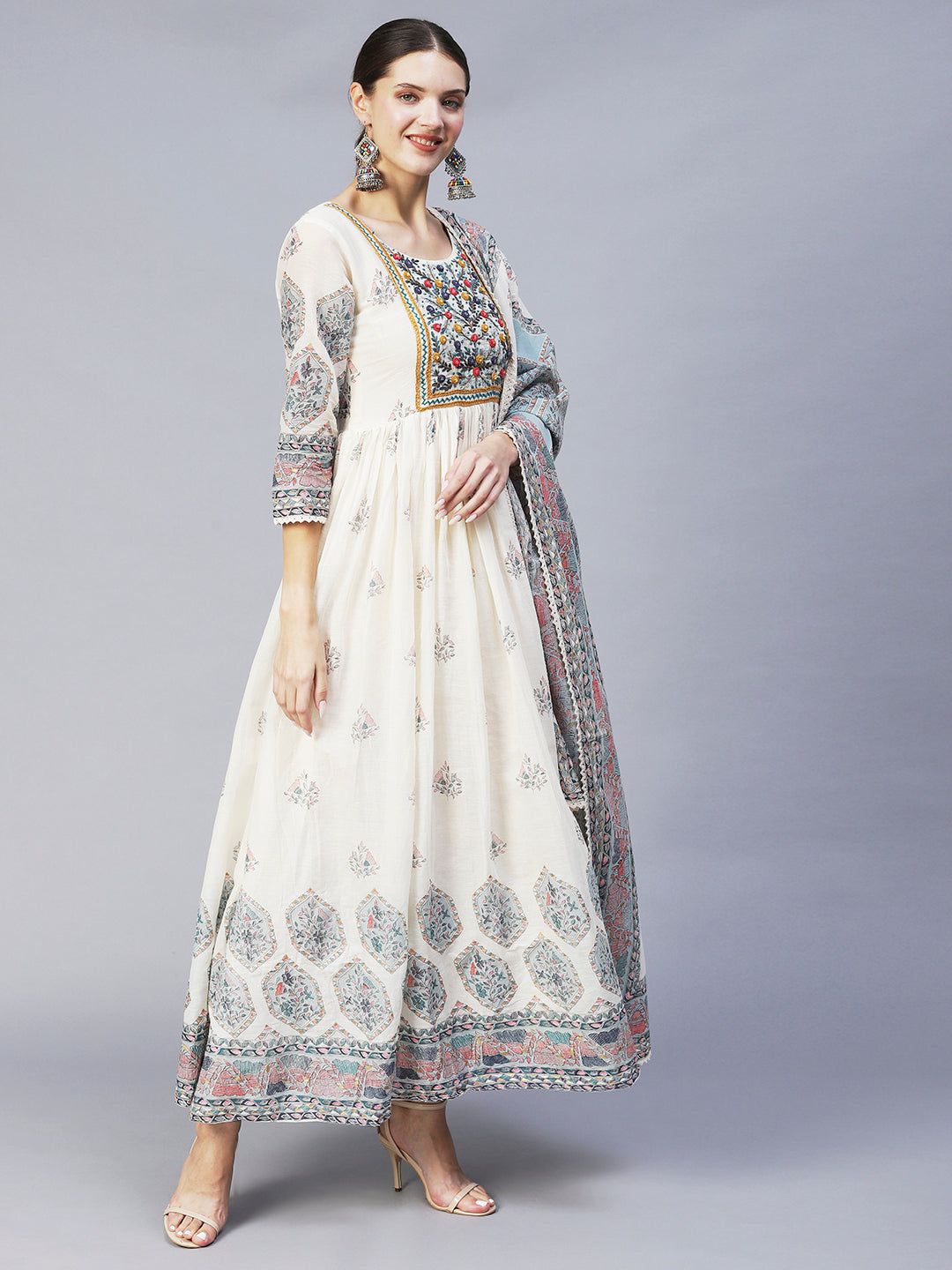 Ethnic Printed & Hand Embroidered Flared Maxi Dress With Dupatta - Off White