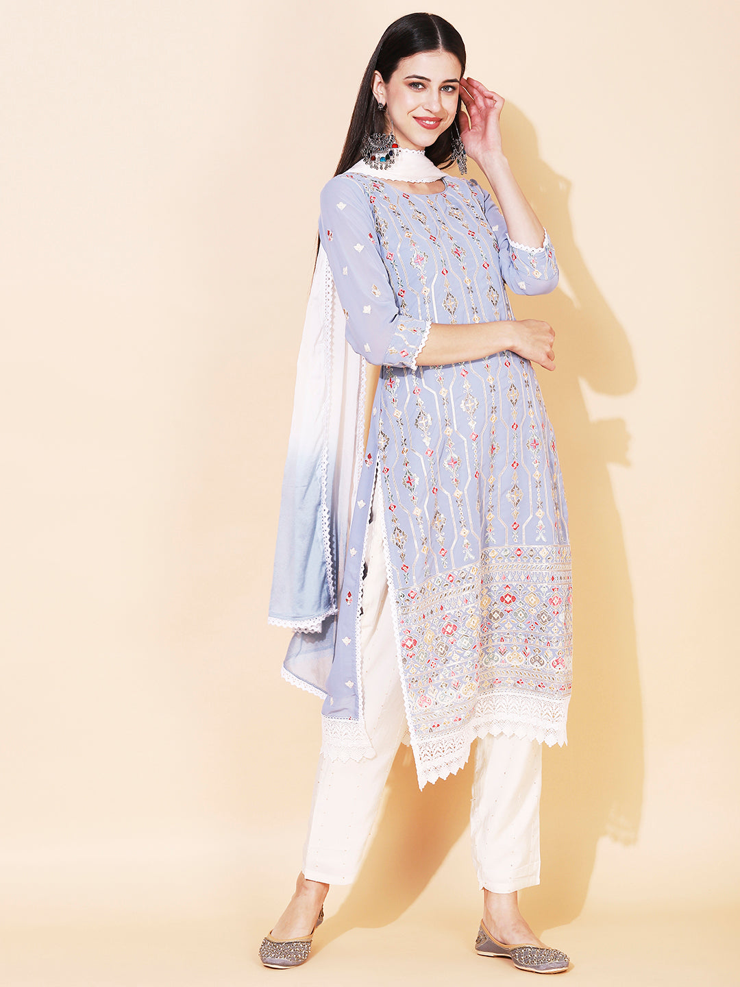 Ethnic Embroidered Straight Kurta with Pant & Dupatta - Powder Blue