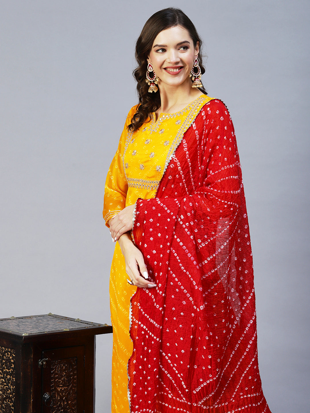 Bandhani Printed & Embroidered Straight Kurta with Pant & Dupatta - Yellow
