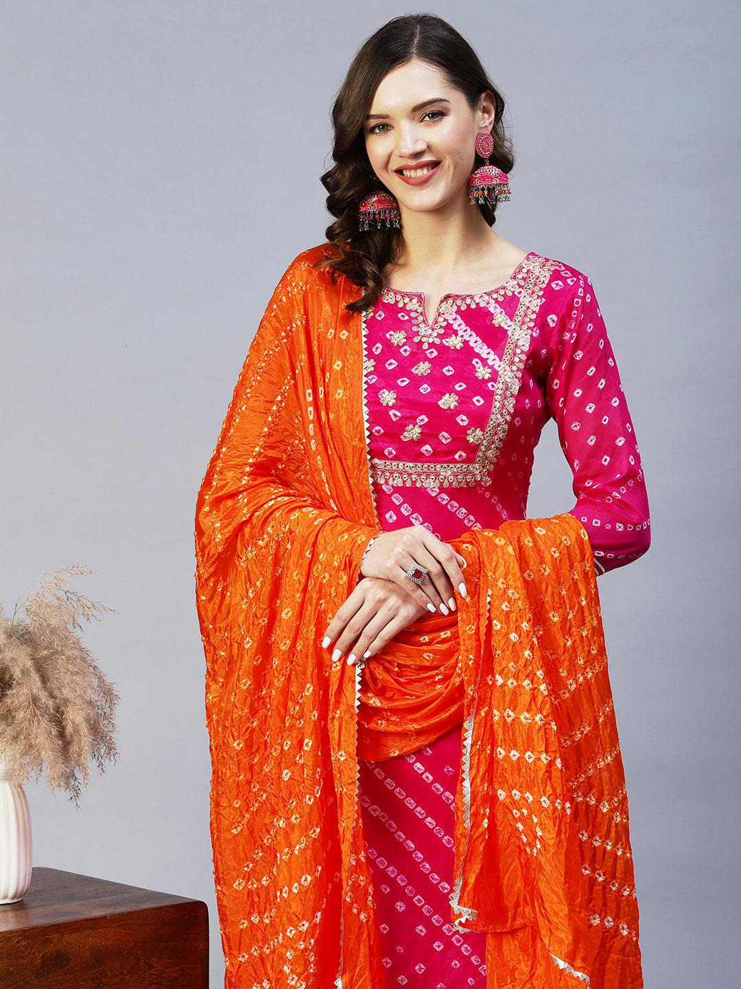 Bandhani Printed & Embroidered Straight Kurta with Pant & Dupatta - Purple