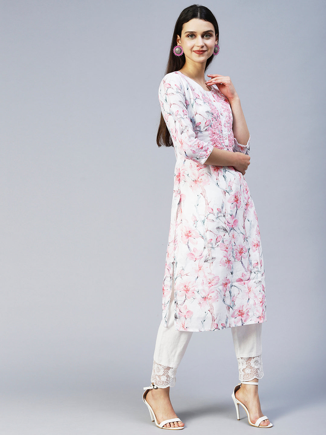 Floral Printed & Embroidered Straight Fit Kurta - Off White