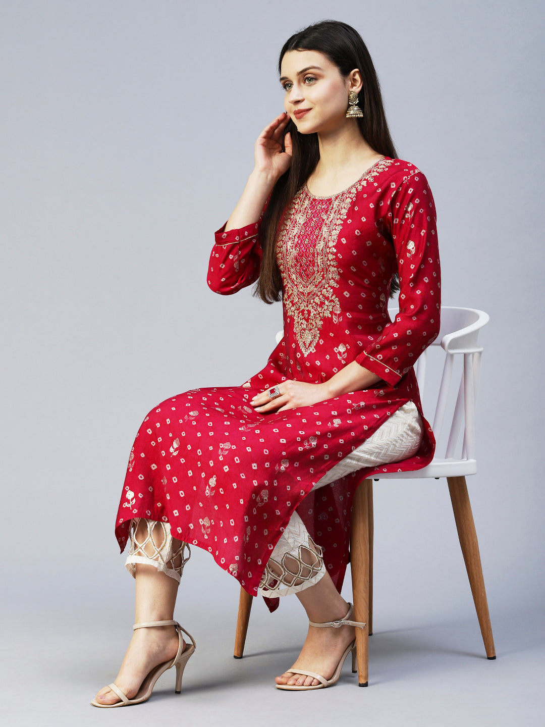 Bandhani Printed & Embroidered Straight Fit Kurta - Magenta