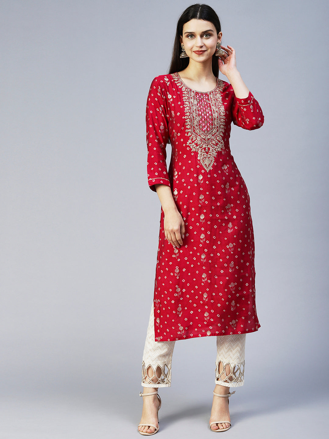 Bandhani Printed & Embroidered Straight Fit Kurta - Magenta