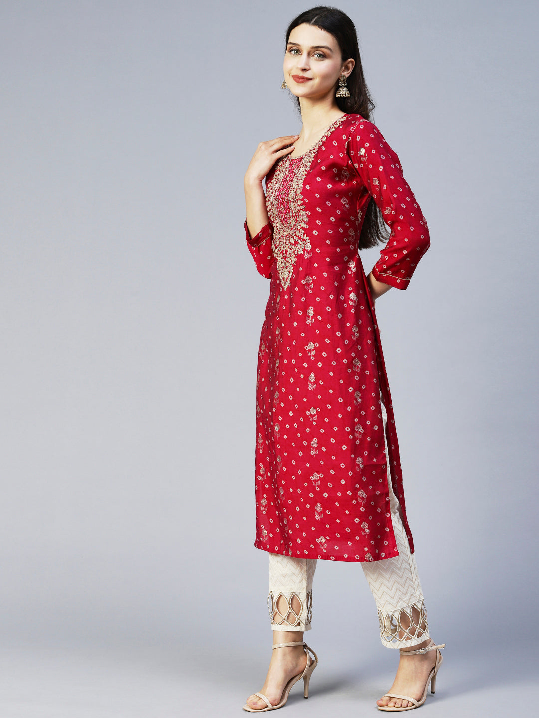 Bandhani Printed & Embroidered Straight Fit Kurta - Magenta