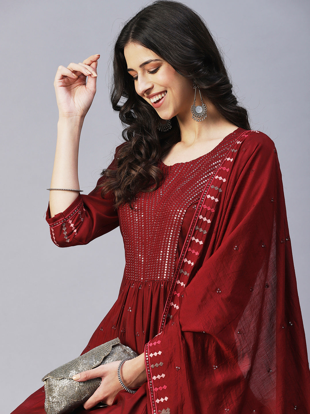 Solid Sequin Embroidered A-Line Kurta with Pant & Dupatta - Maroon