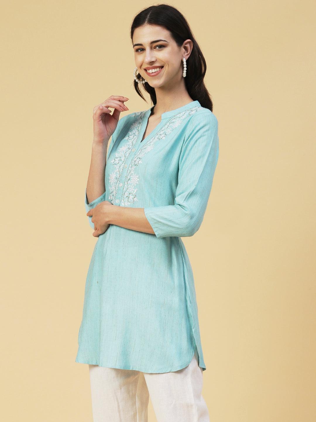 Ethnic Chikankari Embroidered A-line Kurti - Blue