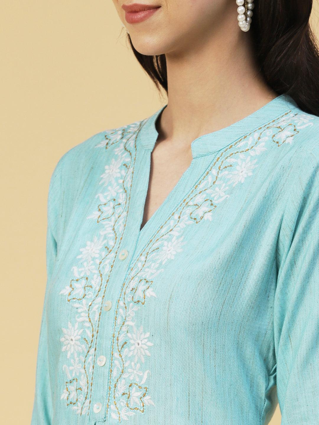 Ethnic Chikankari Embroidered A-line Kurti - Blue