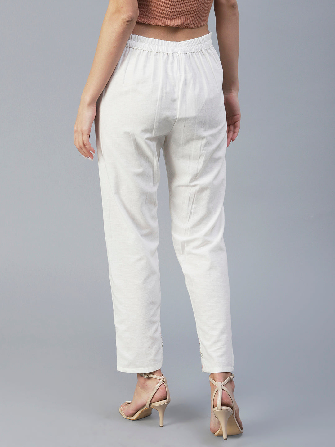 Solid Resham Embroidered Pants - White