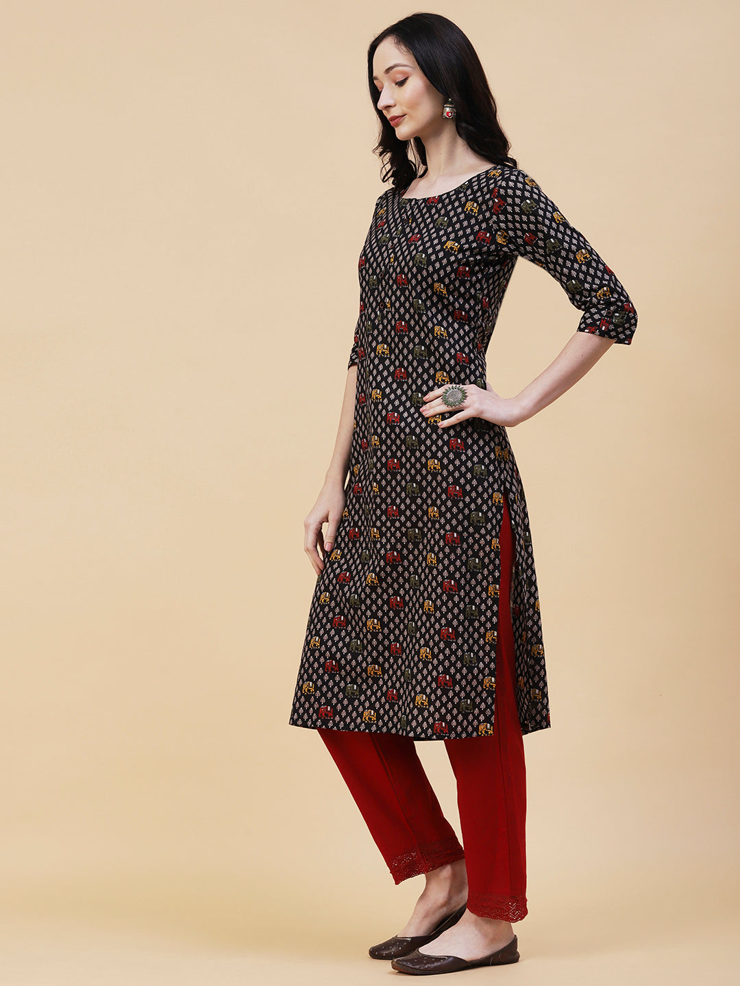 Elephant Printed Buttoned Kurta - Black