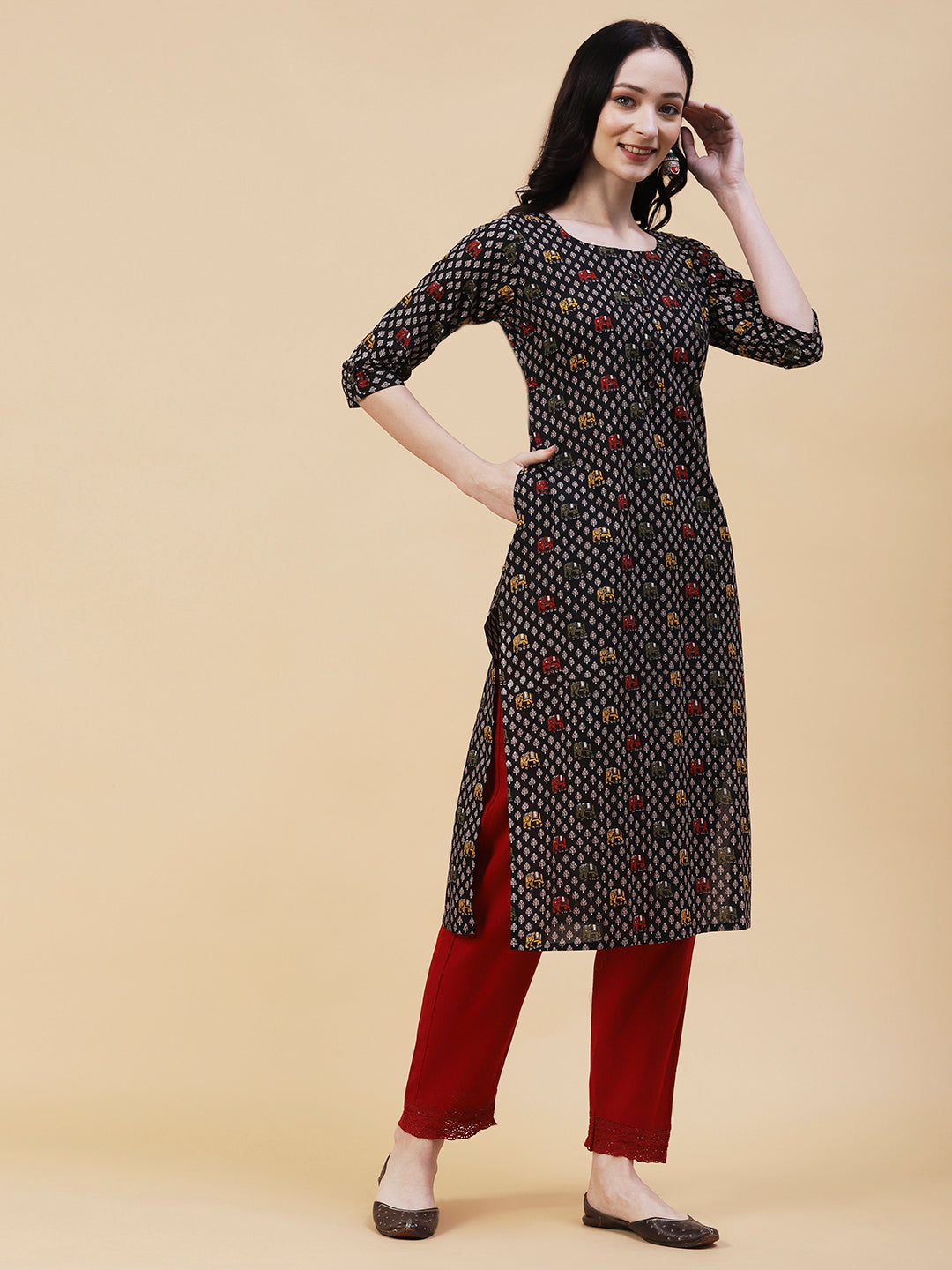 Elephant Printed Buttoned Kurta - Black